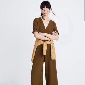 Madewell Texture & Thread faux wrap cropped jumpsuit in brown. Pristine-so cute!